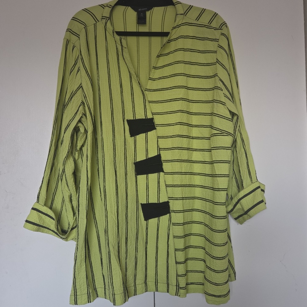 Ali Miles Button-up Tunic Sz 2XL Neon Yellow Striped  Lagenlook Artsy ~VGC